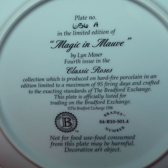Bradford Exchange Classic Roses Magic in Mauve Lyn Moser Decorative Plate 1996 - Picture 6 of 10